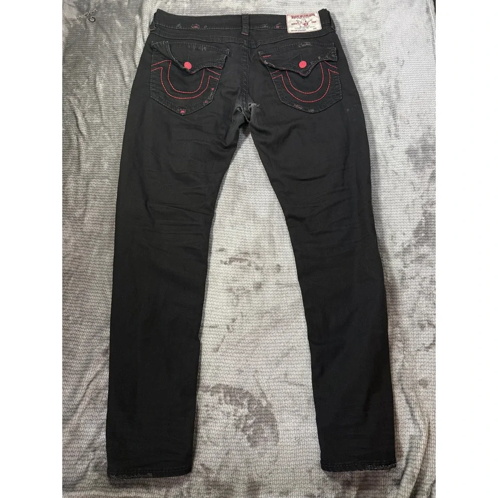 True Religion Geno Straight Mens Black Red Stitch Distressed Jeans Size 38x33